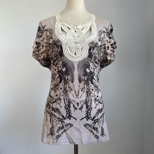 MNG Mango Women's Small Boho Graphic Top Birds Butterflies Floral‎ Applique Neck